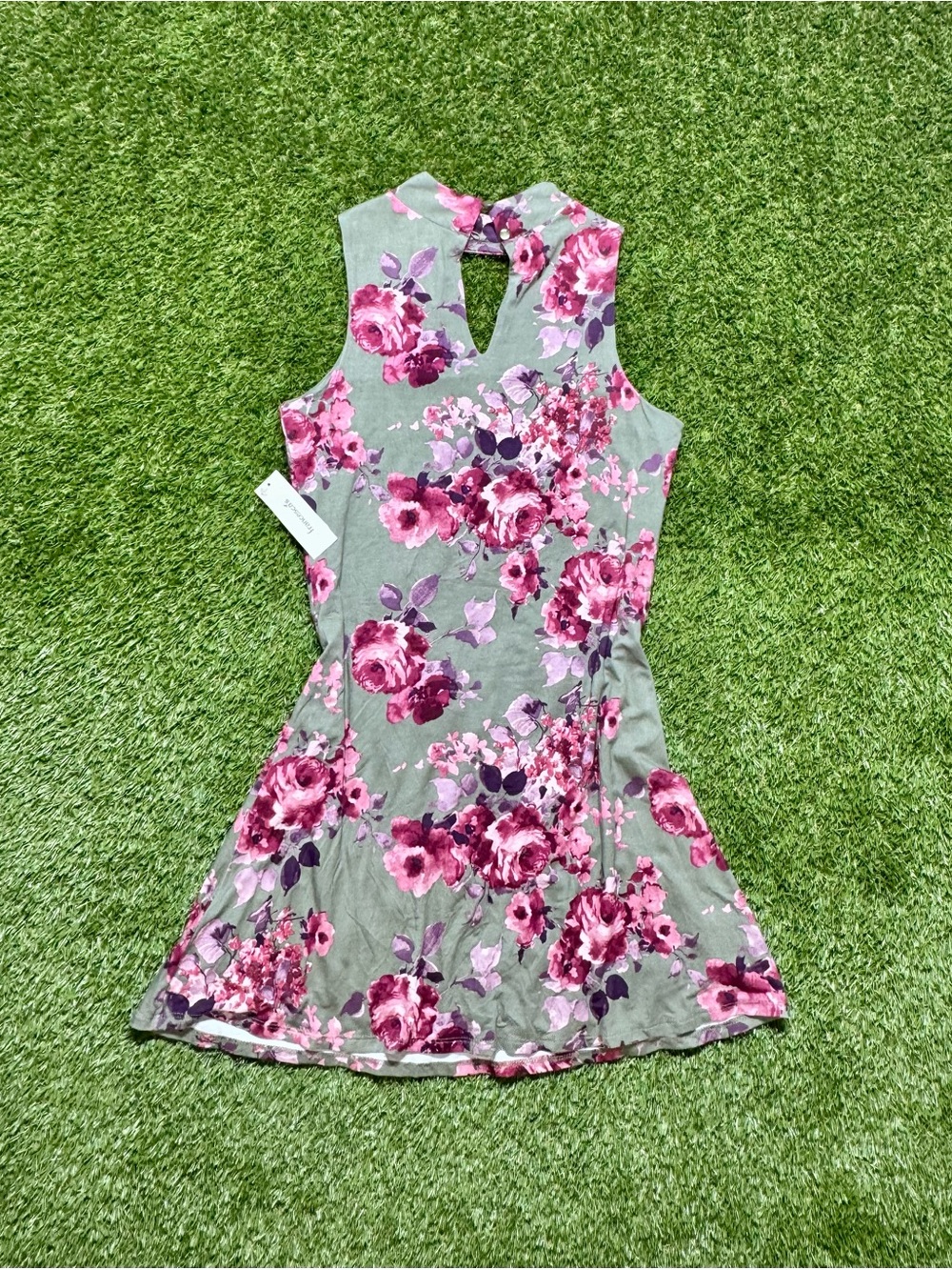 Alya francesca's Women’s Floral High Neck Keyhole Mini Dress Green/Pink S NWT